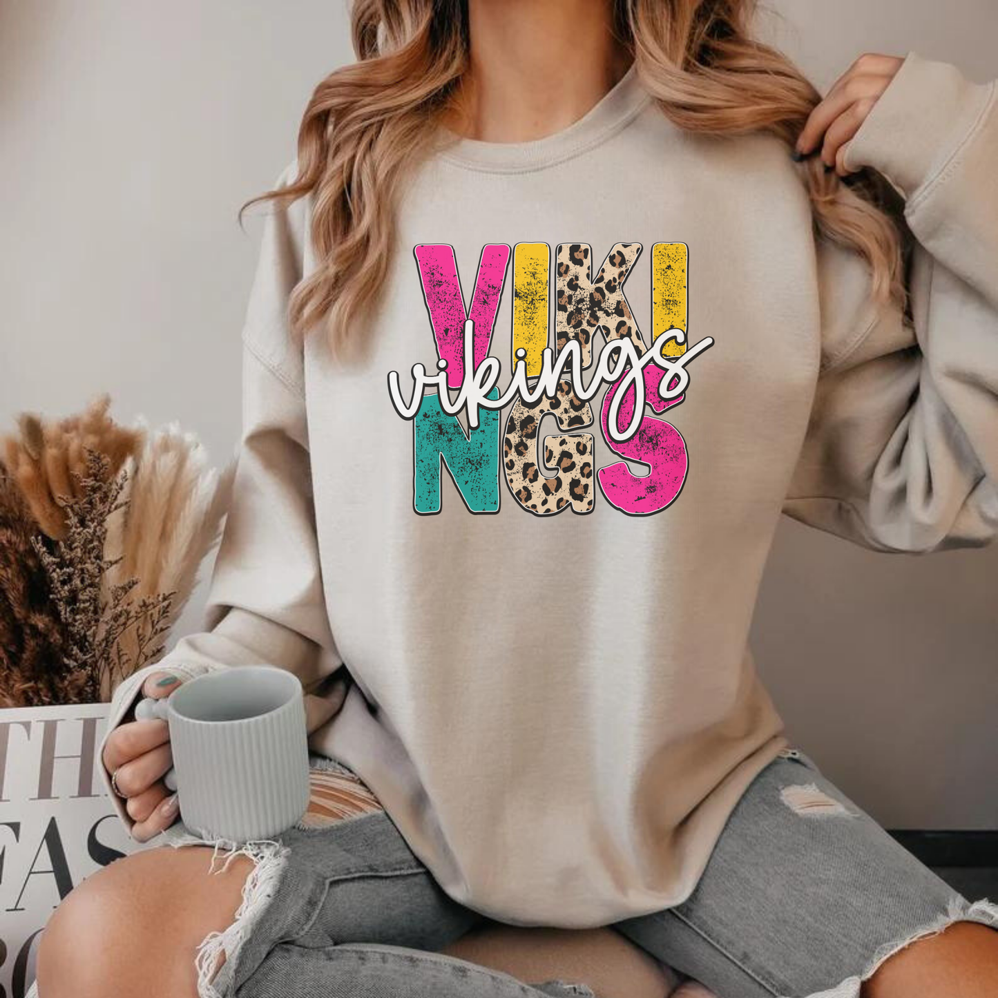 Cheetah Print Vikings Adult Crewneck Sweatshirt