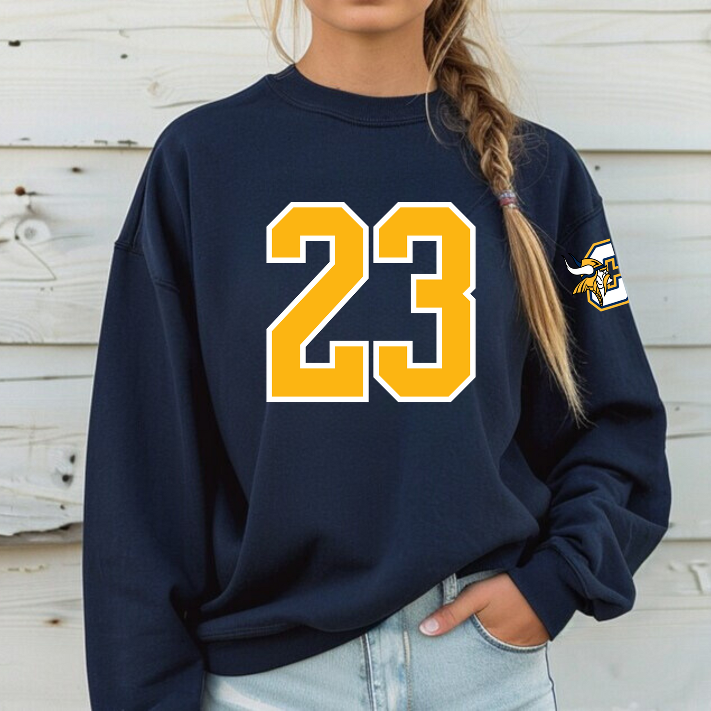 Vikings Varsity Number Adult Crewneck Sweatshirt