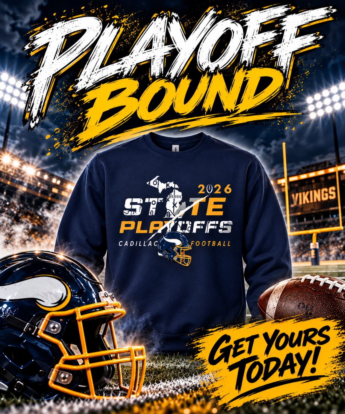 2026 Cadillac Vikings Football STATE PLAYOFFS Unisex Crewneck Sweatshirt - NAVY