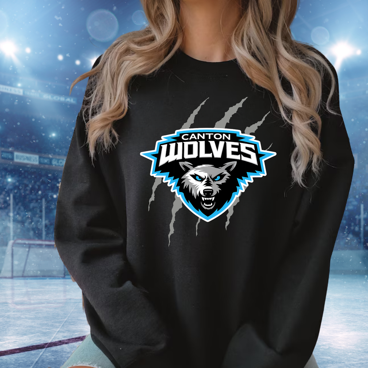 Canton Wolves Hockey UNISEX Crewneck Sweatshirt - BLACK