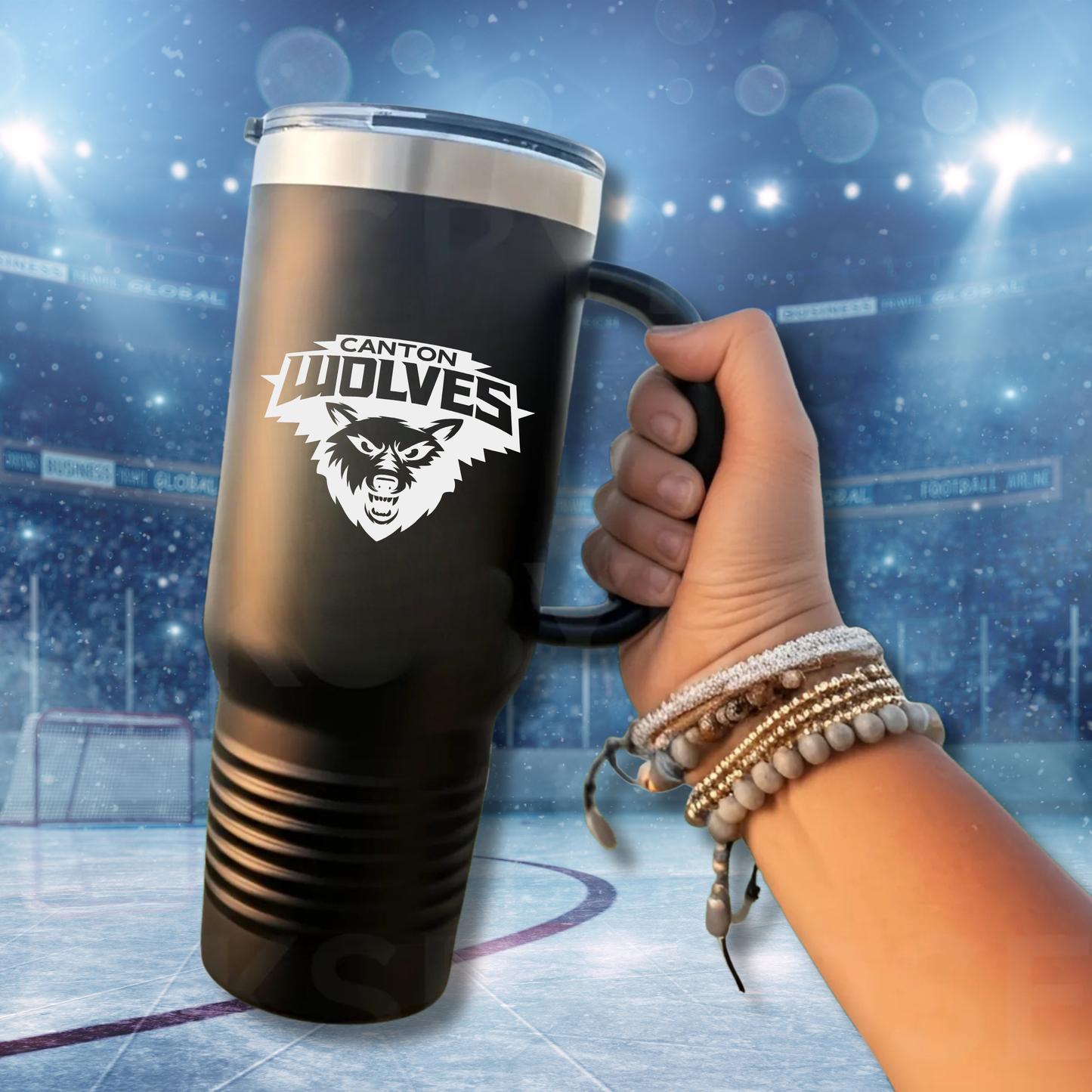 Canton Wolves HOCKEY Personalized 40 oz Tumbler w/Lid - BLACK