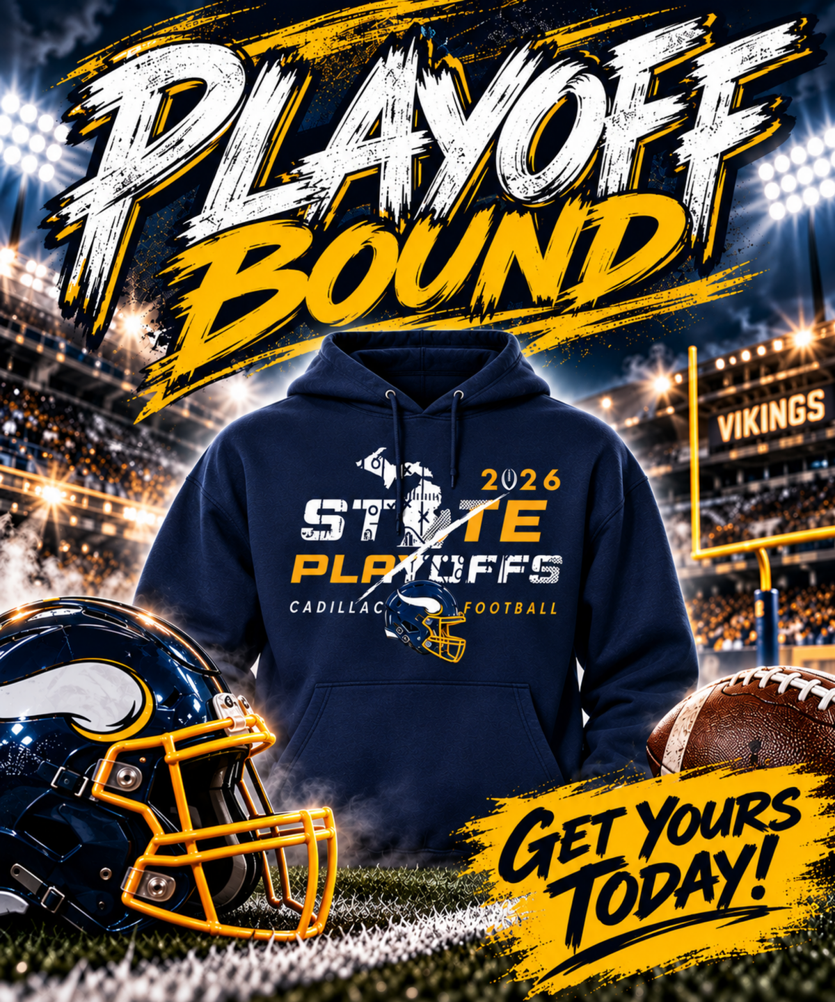 2026 Cadillac Vikings Football STATE PLAYOFFS Unisex Hoodie - NAVY