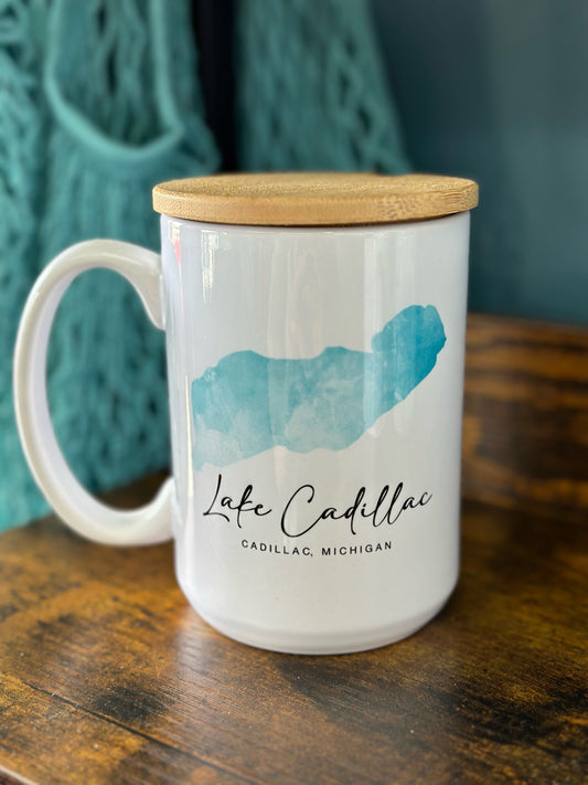 Lake Cadillac 15 oz Coffee Mug with Bamboo Lid